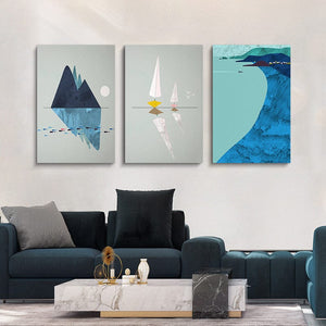 L.A. Discovery Abstract Ocean Blue Painting on Canvas - Ready to Hang, Set of 3