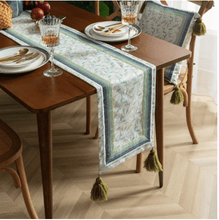 Load image into Gallery viewer, L.A. Discovery green/white Embroidered Boho Inspired Table Runner