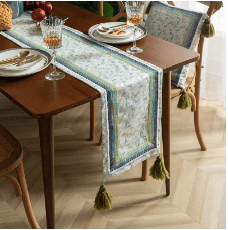 L.A. Discovery green/white Embroidered Boho Inspired Table Runner
