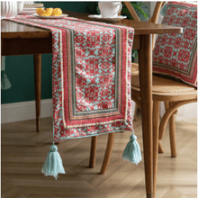 Load image into Gallery viewer, L.A. Discovery pink/teal Embroidered Boho Inspired Table Runner