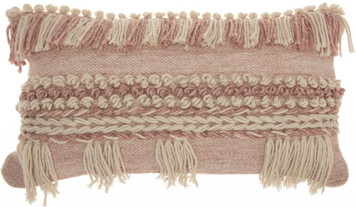 Tea Pink and White Macrame Lumbar Throw Pillow